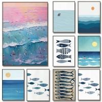 ราคา Minimalist Coastal Ocean Canvas Wall Art - Fish Surfer Wave Print สําหรับห้องนั่งเล่น Beach House Decor (57906341891)