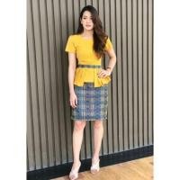 ราคา เดรสพื้นเมือง ผ้าฝ้ายทอ + ผ้าฮานาโกะ สีเหลือง (42") สาวอวบใส่ได้ (1953599465)