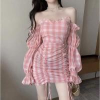 ราคา เดรสเปิดไหล่ ชุดเดรสปาดไหล่ สีชมพู กระโปรงสีชมพู เดรสเซ็กซี่ ไม่มีซิป กระโปรงหวาน เซ็กซี่ มีปลอกแขน ใส่ได้หลายแนว✨ (17379585082)
