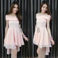 ราคา เดรสออกงาน สีชมพูอมส้ม ปาดไหล่ไขว้หน้า (1553889841)