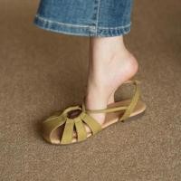 ราคา รุ่นหนังนุ่ม ~ Retro ทอแฟชั่นสบายรองเท้าส้นสูงแบน Soled Toe-Covered รองเท้าแตะผู้หญิง Commuter Classy รองเท้าโรมัน (55712953787)
