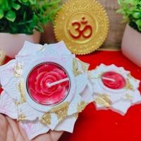 ราคา เชิงเทียนบัว คู่ สีชมพูลายหินอ่อน ปิดทอง จุดเทียน วางเทียนทีไลท์ได้ (27967154581)