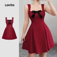 ราคา Lovito เดรสสั้นน่ารัก ผูกโบว์ ทรงพลีท สีแดง สำหรับผู้หญิง เหมาะสำหรับฤดูใบไม้ผลิ/ฤดูร้อน L159AD077 (55262057764)