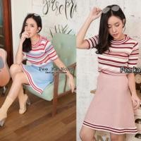 ราคา เซ็ต 2ชิ้น เสื้อแขนสั้นลายริ้ว+กระโปรงทรงสวิง เนื้อผ้าไหมพรม งานสวยสไตล์สาวเกาหลีเลยจ้า งานน่ารักมากค่ะ TW2761 (679802606)