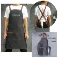 ราคา ผ้ากันเปื้อนยีนส์ สีดำเหลือบเทา ดำไม่สนิท สายไขว้หลังสีน้ำตาล (19923258679)