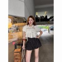 ราคา ชุดเซทเสื้อลูกไม้สีขาว กระโปรงบอลลูนดำลายจุด (50900984964)