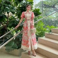 ราคา เดรสยาวพิมพ์ลายแขนพอง คอปกสูท แต่งลายกราฟฟิก กระดุมหน้าซับในทั้งตัว มาพร้อมเข็มขัด #abi (44760512707)