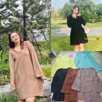 ราคา F0078 Mini Dress คอวีแขนกระดิ่ง ผ้ายืดร่อง hiso เนื้อผ้ายืดมีลายในตัว ใส่สวยๆสไตล์คุณหนู plussize สาวอวบ (23566887245)