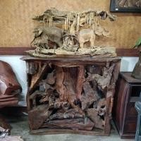 ราคา ช้างครอบครัวไม้สักแกะสลักงานไม้ DIY พร้อมชั้นวาง DIY ไม้สัก (47861768988)