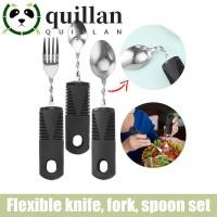 ราคา QUILLAN 3 ชิ้น Adaptive Eating Utensils, ชุดช้อนสแตนเลสแบบพกพา, Anti-Vibration Bendable Non-Slip Textured Handle Anti-Slip Eating Spoon Self Training (54613184549)