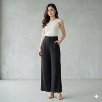 ราคา กางเกงขายาวผู้หญิง กระบอกใหญ่กระดุมคู่ (ผ้าฮานาโกะ) เอวสูง มีสีดำ ขาว น้ำตาล นู้ด ครีม (S-3XL) (23000289767)
