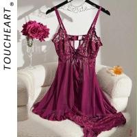ราคา Y Toucheart Contrast Lace Nightgown Deep V Backless Bow Slip Dress Women Sexy See-Through Slit Lace Pajama 2-Piece Set W (55264456378)