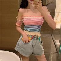 ราคา ❤เกาหลีขายร้อน เสื้อเกาะอกแขนสั้นแฟชั่นสุดเซ็กซี่สายรุ้งสายเดียวคอเกาะอกเชื้อราเสื้อยืดแขนสั้นดีไซน์ลูกไม้ (5871158571)