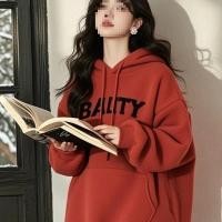 ราคา hoodie man hoodie murah rm5 hoodie New Red Printed Hooded Lamb Wool Sweatshirt for Women (53404859021)