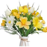 ราคา ประดิษฐ์ดอกไม้อีสเตอร์ปลอม Daffodils ดอกไม้สีเหลือง Tuilp พร้อมหี Willow ผ้าไหมฤดูใบไม้ผลิดอกไม้ 18IN ดอกไม้ Arrangament สําหรับในร่มบ้านตาราง Centerpieces Cemetry (57311474899)