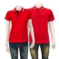 ราคา เสื้อโปโล สีแดงคอคลีปขาวดำ แบบผู้หญิง จะเป็นทรงเข้ารูป ไม่มีกระเป๋า แบบชายมีกระเป๋าที่หน้าอก เนื้อผ้านุ่ม สวมใส่สบาย (522876681)