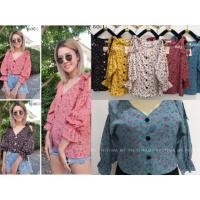 ราคา เสื้อผ้าสาวอวบ เสื้อคอวี แขนตุ๊กตายาวเว้าไหล่ผูกโบว์ ผ้าพิมพ์ลายดอกไม้น่ารัก ตอนรับซัมเมอร์ ใส่ได้หลายโอกาส (2033071349)