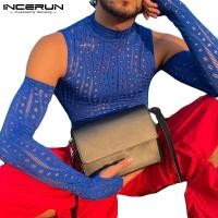 ราคา INCERUN Men Sexy Off Shoulder Long Sleeve Plain High Neck Slim Fit Tops (13869521161)