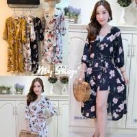 ราคา เดรสยาวไขว้หน้า ด้านในเป็นกางเกง แต่งกระโปรงผ่าด้านนอก ผ้าหนังกบพิมพ์ลายดอก (863092787)