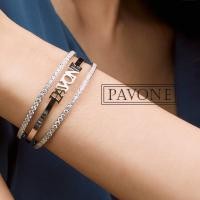 ราคา Pavone Jewelry กำไลข้อมือรุ่นใหม่ กำไลข้อมืออักษรชื่อ P A V O N E ฝังเพชร CZ เส้นบนล่าง 2 เส้น ชุบทองคำขาว (BL0004) (8748349911)