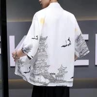 ราคา Simple Retro สไตล์ญี่ปุ่น Ukiyo-e เสื้อแขนยาวผู้ชายหลวมอินเทรนด์สไตล์จีน Vintage Art All-Match เสื้ออินเทรนด์ (47211616935)