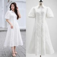 ราคา เดรสขาวสวยสง่า!!! L-5XL Maxi Dress เดรสสาวอวบ,เดรสสีขาวแขนพองกระดุมหน้าปักดอกไม้3D งานป้าย DNY (49214642263)