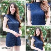 ราคา BS0888 จั้มสูทขาสั้น เนื้อผ้าลูกไม้อย่างดีคอเต่าแต่งแขนระบาย (2639686949)