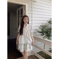 ราคา 2026 QWE dress, cute 2-piece mini set, V-neck with lace bow, puffy doll sleeves, short-sleeved shirt + short skirt D-221 (55013632477)