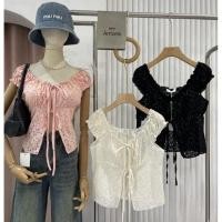 ราคา Sunnyเสื้อลูกไม้ฉลุแขนสั้น ทรงผูกหน้างานป้ายหรู เสื้อลูกไม้ผูกโบว์หน้า (40154603408)
