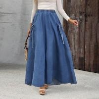 ราคา Denim กระโปรงยาวผู้หญิงเอวยางยืดสาย Flared Rok กางเกงยีนส์ Wanita Baggy Flowy Kembang Labuh กระโปรงกระเป๋า (54009853878)