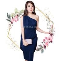 ราคา ชุดราตรี ชุดออกงาน ชุดไปงานแต่งงานสีกรมท่า/น้ำเงิน ไหล่เฉียงข้างแต่งผ้าซีทรู เรียบหรู สวยดูดี (5780615272)