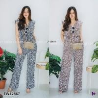 ราคา CS12867 Set #สาวอวบ เสื้อแขนกุดเสริมไหล่+กางเกงเอวสูงขายาว ลายเสือดาว (7641933971)