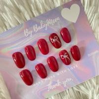 ราคา เล็บปลอมสีเจล สีแดงมะเหมี่ยวขับผิว เพ้นท์โบว์เมทัลลิคติดเพชร ✨ ฟรี! อุปกรณ์ติดเล็บทุกชุด ✨ (24878540884)