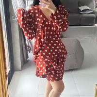 ราคา เดรสผ้าซาติน ระบายลายจุดสีส้มอิฐ (22245099910)