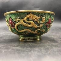 ราคา โบราณโบราณคอลเลกชัน Daqing Qianlong ปี-Made Cloisonne มังกรคู่เล่นลูกปัดทองแดง Gilt ชามโบราณตกแต่งบ้านเครื่องประดับ 8.4.8 (46415430500)