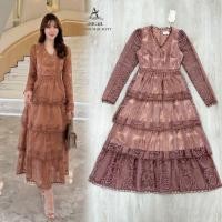 ราคา เดรสลูกไม้สีน้ำตาลออกงาน!!! S-3XL Maxi Dress เดรสขนมชั้น,เดรสสีน้ำตาลแขนยาวผ้าลูกไม้ระบายชั้นๆ งานป้าย (45154851298)