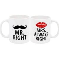 ราคา Funny Mr Mrs แก้วกาแฟชุด Novelty Mr Right Mrs Always Right คู่ถ้วยแก้วหนวดลิปสติก 11 Oz (8865136594)