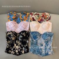 ราคา New vintage print lace-up corset with floral design, niche strapless slim-fit tank top with chest pads (47011599078)