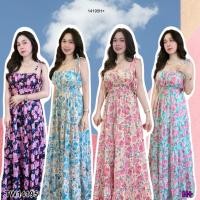 ราคา MF14195 Maxi dress ลายดอกไม้ สม๊อคหลัง ตัดต่อระบายย่นที่ชายกระโปรง มีสายผูกหลัง งานผ้าไหมอิตาลี ลายผ้าสวย ใส่ได้ตลอดไม่ (17320179124)