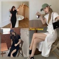 ราคา ชุดกระโปรงแขนสั้นเนื้อผ้าฝ้าย ชุดเดรสสุดเซ็กซี่ผ่าข้างสวยๆ เดรสกระโปรงคลุมเข่า (20411872706)