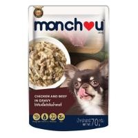 ราคา อาหารเปียกสุนัข MONCHOU ไก่กับเนื้อวัวในน้ำเกรวี่ 70 ก. (1222417)