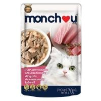 ราคา อาหารเปียกแมว MONCHOU ปลาทูน่ากับปลาแซลมอนรมควันในน้ำเกรวี่ 70 ก. (1222454)