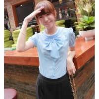 ราคา เสื้อเชิ้ต ทำงาน แฟชั่นเกาหลี แขนสั้น แต่งโบว์สวย นำเข้า ไซส์S/M/L สีฟ้า - พรีออเดอร์FK3545