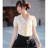 ราคา เสื้อเชิ้ต ทำงาน แฟชั่นเกาหลี คอวี ระบายสวย นำเข้า ไซส์S/M/L สีเบจ - พรีออเดอร์FK3529