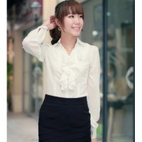 ราคา เสื้อเชิ้ต ทำงาน แฟชั่นเกาหลี คอปก ระบายสวย นำเข้า ไซส์S/M/L/XL สีขาว - พรีออเดอร์FK3571