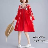 ราคา มินิเดรสผ้าสปันแขนยาว​ งานปักลาย​ คอวี (มือหนึ่ง) (360942216)