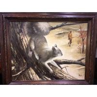 ราคา ภาพสีน้ำมัน กระรอกน้อยแอบนายพรานในกรอบไม้จริง (มือสอง) (359161606)