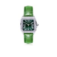 ราคา 12Victory นาฬิกาข้อมือผู้หญิงประดับคริสตัล สีเงิน (สายหนังแท้สีเขียว,หน้าปัดสีเขียว) (MKP1867259)