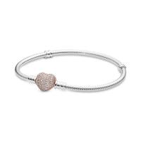 ราคา PANDORA สร้อยข้อมือ Snake chain silver bracelet with Rose heart clasp and clear cubic zirconia สีโรส 17cm (MKP1169739)