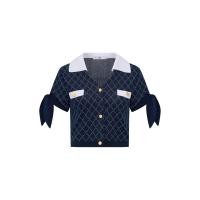 ราคา ASV ( SS25 ) เสื้อเบลาส์ผู้หญิง แขนสั้น ผ้าไหมพรมถักลายสีเหลี่ยม สีกรมท่า M (MKP1961643)